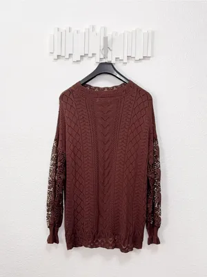 Miss Sparkling Brown Crochet Lace Open Knit Long Sleeve Boho Sweater Top XL thumbnail 6