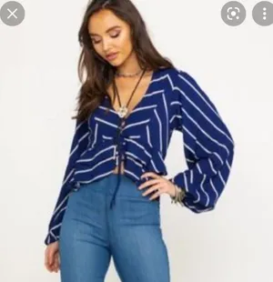 Free People‎ Medium Blue Stripe Samifran Ruffle Tie Front Cropped Top Blouse thumbnail 1