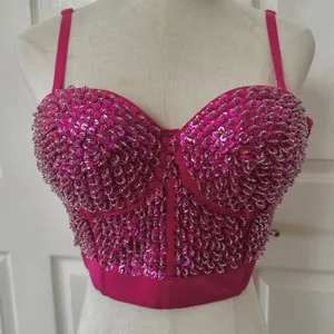 Hot Pink Sequin Beaded Bustier Crop Top Medium 38C Pink thumbnail 1