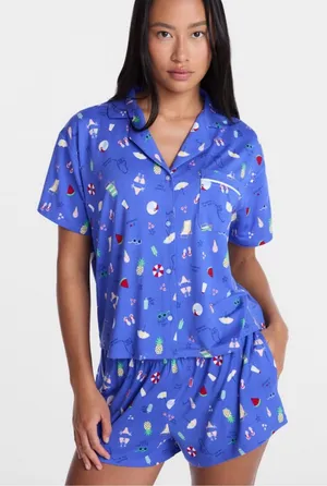 Blue Women's Short-Sleeve Pajama Top and Shorts Set with Summer Time Print thumbnail 1