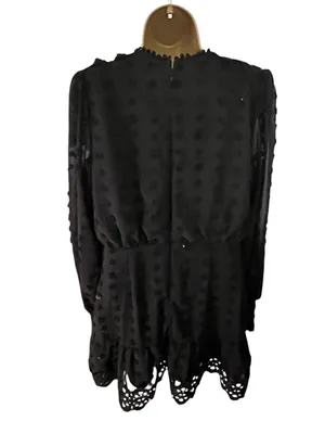 Lulus Swiss Dot Fit & Flare Dress Lace Trim Long Sleeve Black M thumbnail 5