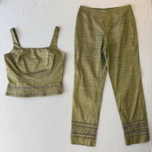 Muse 2 Piece Pant Set Womens 8 Green 100% Silk Beaded Embroidered Crop Top Pants thumbnail 15