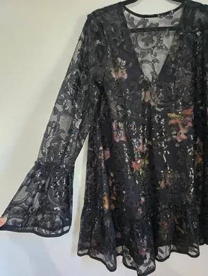 Free People Falling Flowers Frock Mini Dress Pink Black Sequins thumbnail 2