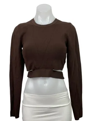 Aritzia TEN by Babaton Brown Cutout Long Sleeve Knit Crew Neck Crop Top Size M thumbnail 1