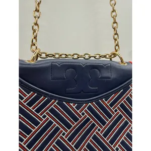 Tory Burch Alexa Convertible Shoulder Bag Navy Red Embroidered‎ Leather Chain thumbnail 3