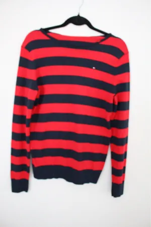 Tommy Hilfiger red and navy striped cotton blend boatneck sweater thumbnail 1