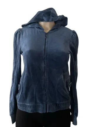 Vintage Y2K Juicy Couture Velour Hoodie Womens M Blue Puff Sleeve Full Zip USA thumbnail 1