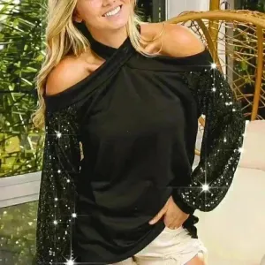 Black Halter Neck Sequin Sleeve Top‎ thumbnail 2