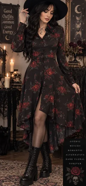 KILLSTAR Pandora Dress M Red Rose Skull Pentagram Gothic High Low Shirt Dress thumbnail 1