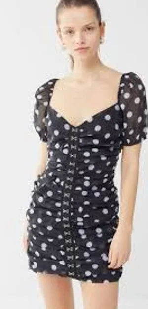 URBAN OUTFITTERS Puff Sleeve Polka Dot Mini Dress Small S Black White thumbnail 1