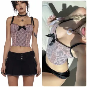 Y2K dELiA*s Dolls Kill Plaid Mesh Lace Bustier Corset Top Schoolgirl Goth Bow M thumbnail 2