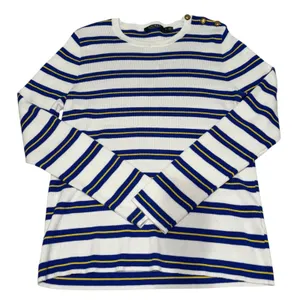 Lauren Ralph Lauren White Blue Yellow Striped‎ Cotton Sweater XL Gold Buttons thumbnail 2