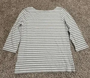 Croft & Barrow Womens Grey White Striped Boat Neck 3/4 Sleeve Button Top Medium thumbnail 1