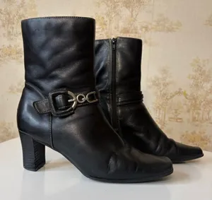 90s y2k Apostrophe black leather square toe block heel whimsigoth boots thumbnail 1