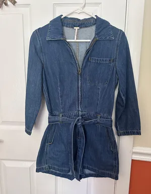 Free People Denim Long Sleeve Romper thumbnail 1