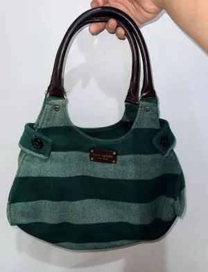 Kate Spade Wool Satchel Top Leather Handle Bag Medium‎ Green Striped 18x14" F thumbnail 1