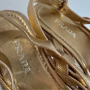 Prada Strappy Gold Leather Platform Espadrilles‎ Size 37.5 thumbnail 4
