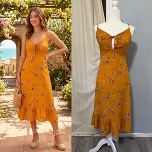 re:named Mustard Yellow Midi Dress Size M Floral Ruffle Sweetheart Keyhole Tie thumbnail 2