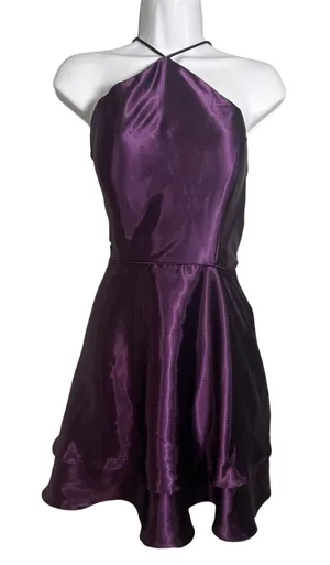Blondie Nites Purple Satin Halter Mini Dress Tiered‎ Ruffle Hem Size 5 thumbnail 1