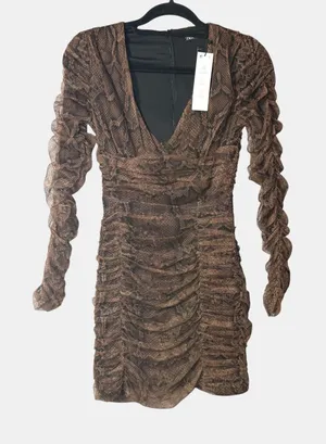 Zara Womens XS Brown Snakeskin Ruched Mesh V-Neck Mini Bodycon Dress NWT thumbnail 1