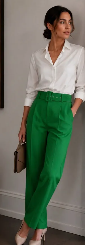 ZARA Green Belted High Waist Tapered Ankle Career Dress Pants S Classic Office thumbnail 1