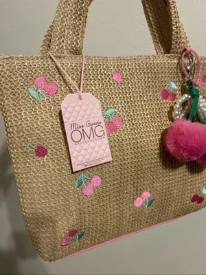NWT Straw Tote Bag with Pink Cherry Embroidery and removable bag charm thumbnail 3