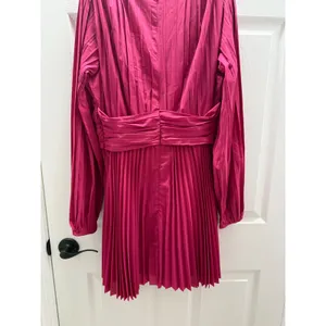 Aureta x Anthropologie Pleated Mini Dress‎ Magenta Pink V-Neck Balloon Sleeve M thumbnail 10