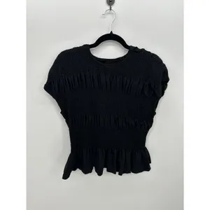 Womens Black Smocked‎ Peplum Top XL Stretch Cottagecore Minimalist thumbnail 2