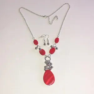 Silver Tone Red Teardrop Pendant Necklace and Earring Set thumbnail 3