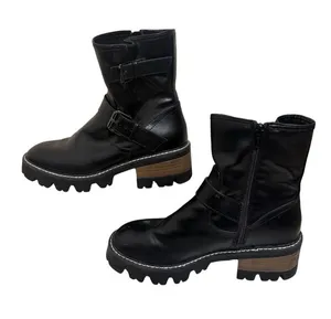 Universal Threads | Black Leather Mid-Calf Combat Boots with Buckle Strap thumbnail 1