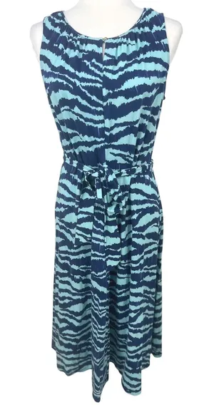 Lands' End Womens M 10-12 Blue Zebra Print‎ Sleeveless Belted Knit Midi Dress thumbnail 1