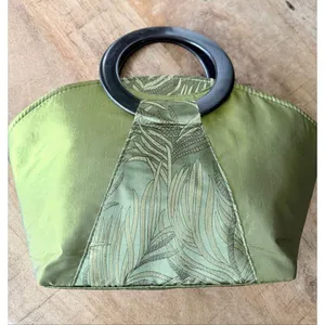 No Brand Lime Green Satin Evening Handbag Lucite Ring Handles Embroidered Clutch thumbnail 1