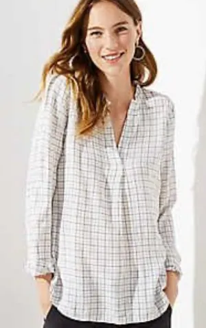 LOFT Plaid Ruffle Split-Neck Blouse thumbnail 1