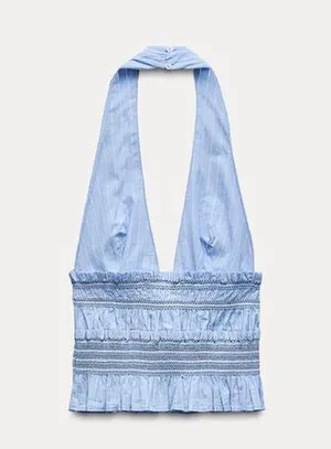 Zara NWT blue pin stripe halter neck deep V smocked ruffle detail top thumbnail 6