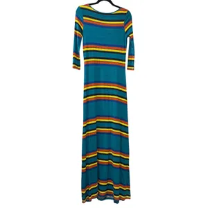 Hive & Honey‎ XS 3/4 Maxi Dress Teal Multicolor Striped Bodycon Boho Retro 70s thumbnail 5