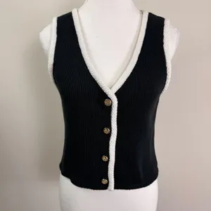 Abercrombie & Fitch Mara Button-Up Sweater Vest Black White Contrast Trim Med. thumbnail 2