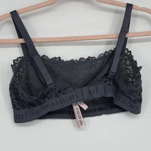 Victorias Secret Logo Band Lace‎ Bralette Dark Grey Floral Scalloped Large L/G thumbnail 2