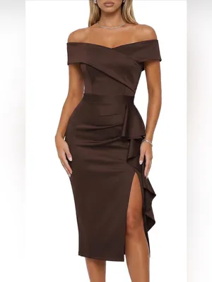 Off the Shoulder Ruched Midi Dress with Built-in Bra. Elegant & flattering fit. thumbnail 5