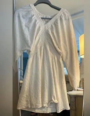 NEW Boho Puff Long Sleeve Flowy V Neck Smocked Lined Dress S thumbnail 1