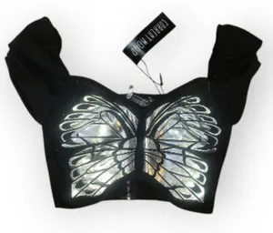DOLLS KILL CURRENT MOOD joy‎ is fleeting black silver butterfly crop top xs nwt thumbnail 1