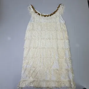 White Sleeveless Flapper-Style Fringe Mini Dress with Gold Sequin Neckline thumbnail 9