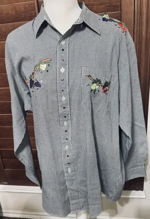 Mili Designs Vintage Gingham Fruit Embroidered Button Down Shirt Black White L thumbnail 1