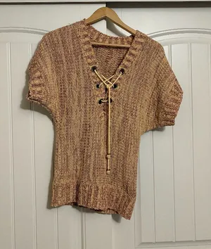 Free People Lace Up V Neck Sweater Small Short Sleeve Pink Tan Cotton Blend thumbnail 1