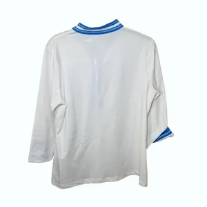 Gretchen Scott‎ Mandarin Top Women M White Blue Striped Trim 3/4 Sleeve Stretch thumbnail 6