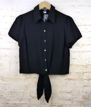 Hot Topic Shirt Women M Black Psychic Reader Tie Front Button Goth Witch Moon thumbnail 1