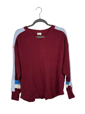 Offline by Aerie Waffle Knit Top XS Red‎ V-Neck Long Sleeve Colorblock Oversized thumbnail 3