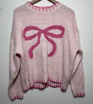Bailey Rose Women‎ Coquette Sweater Small Pink Intarsia Bow Knit Oversize Dainty thumbnail 1
