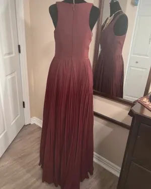 Azazie Sleeveless V-Neck Pleated Maxi Wedding Guest Dress in Burgundy thumbnail 3