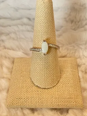 Sterling Silver White Opal Marquise Ring CZ Accents Size 9 Dainty Stackable thumbnail 7