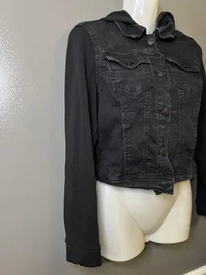 WallFlower Jacket Womens Small Black Denim Hooded Knit Sleeves Button Cropped thumbnail 3